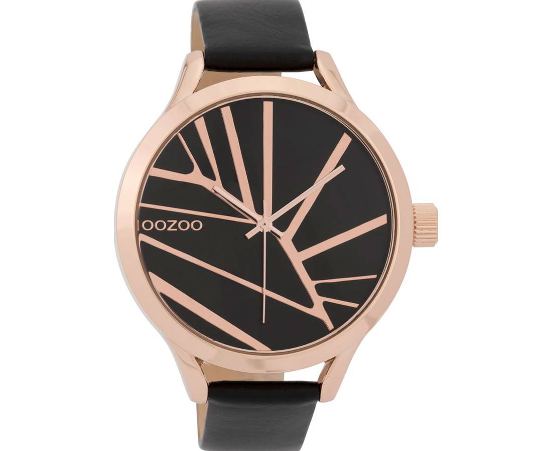 OOZOO  Timepieces XL Rose Gold Black Leather Strap  C9684