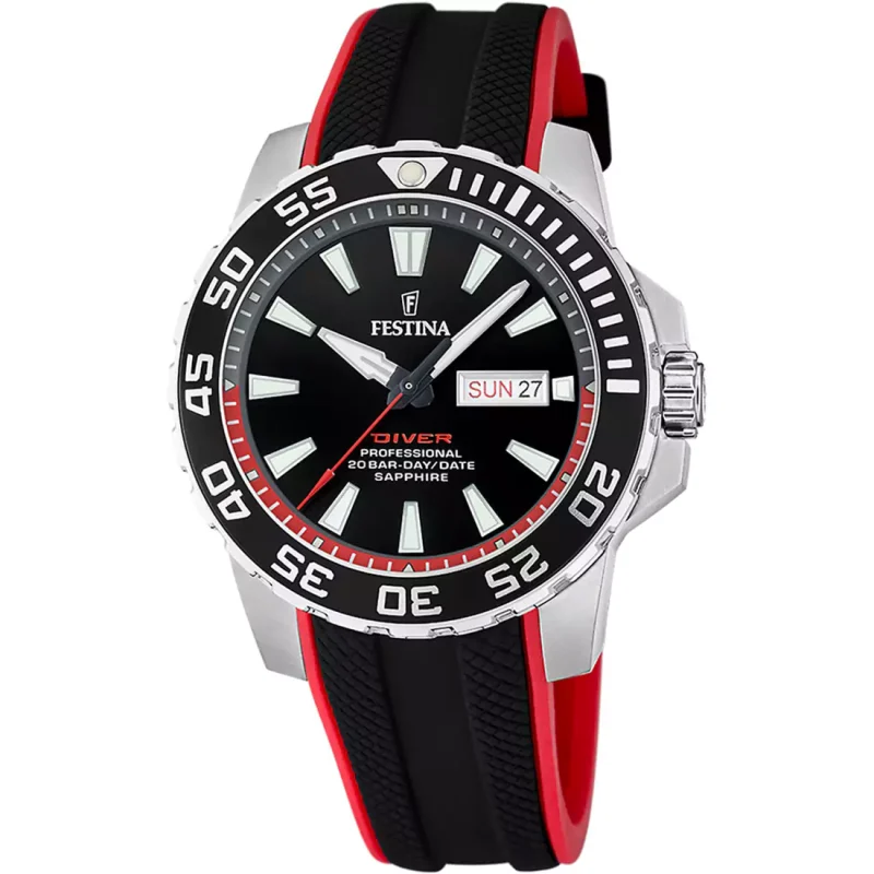 FESTINA Divers Sapphire Black Red Rubber Strap F20662/3