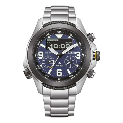 CITIZEN Promaster Land Eco Drive Dual Time Chronograph Silver Stainless Steel Bracelet JV1006-51L