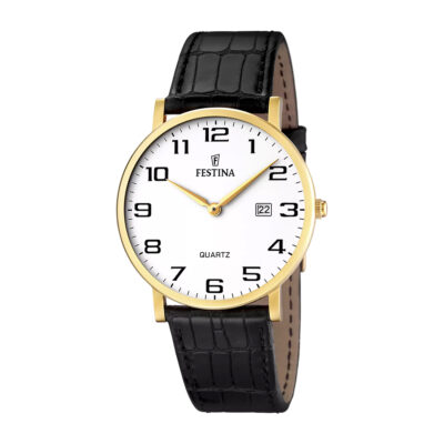 FESTINA Gold Stainless Steel & Black Leather Strap F16478/1