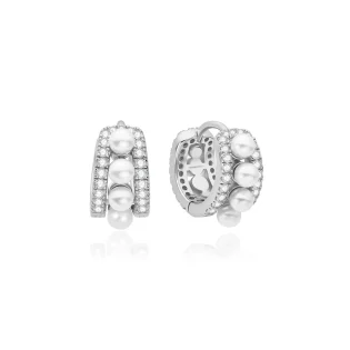 ANIA HAIE Silver Sparkling Shell Pearl Row Huggie Hoop | Σκουλαρίκια | 925 Sterling Silver/Pearl and Cubic Zirconia| E075-15H